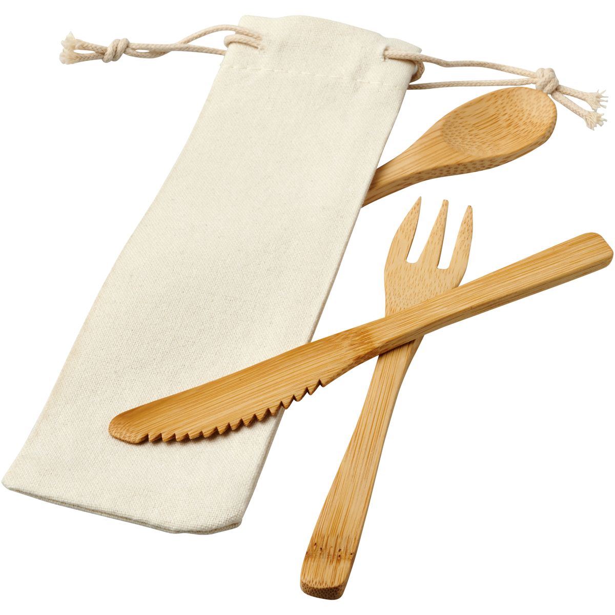 Juegos de cubiertos de bambú de 3 piezas en bolsita de non-woven