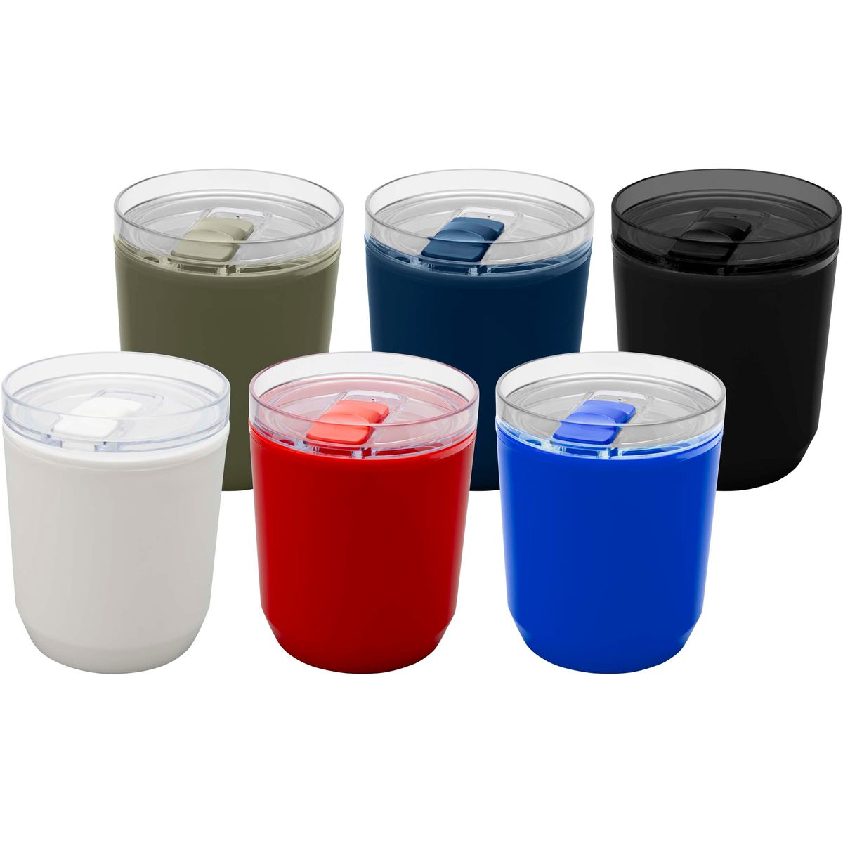Vasos de doble pared de 180 ml de plástico reciclado con tapa deslizante
