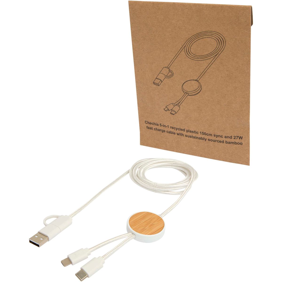 Cables de carga rápida 5 en 1 reciclados de 150 cm, 27 W, con detalles de bambú