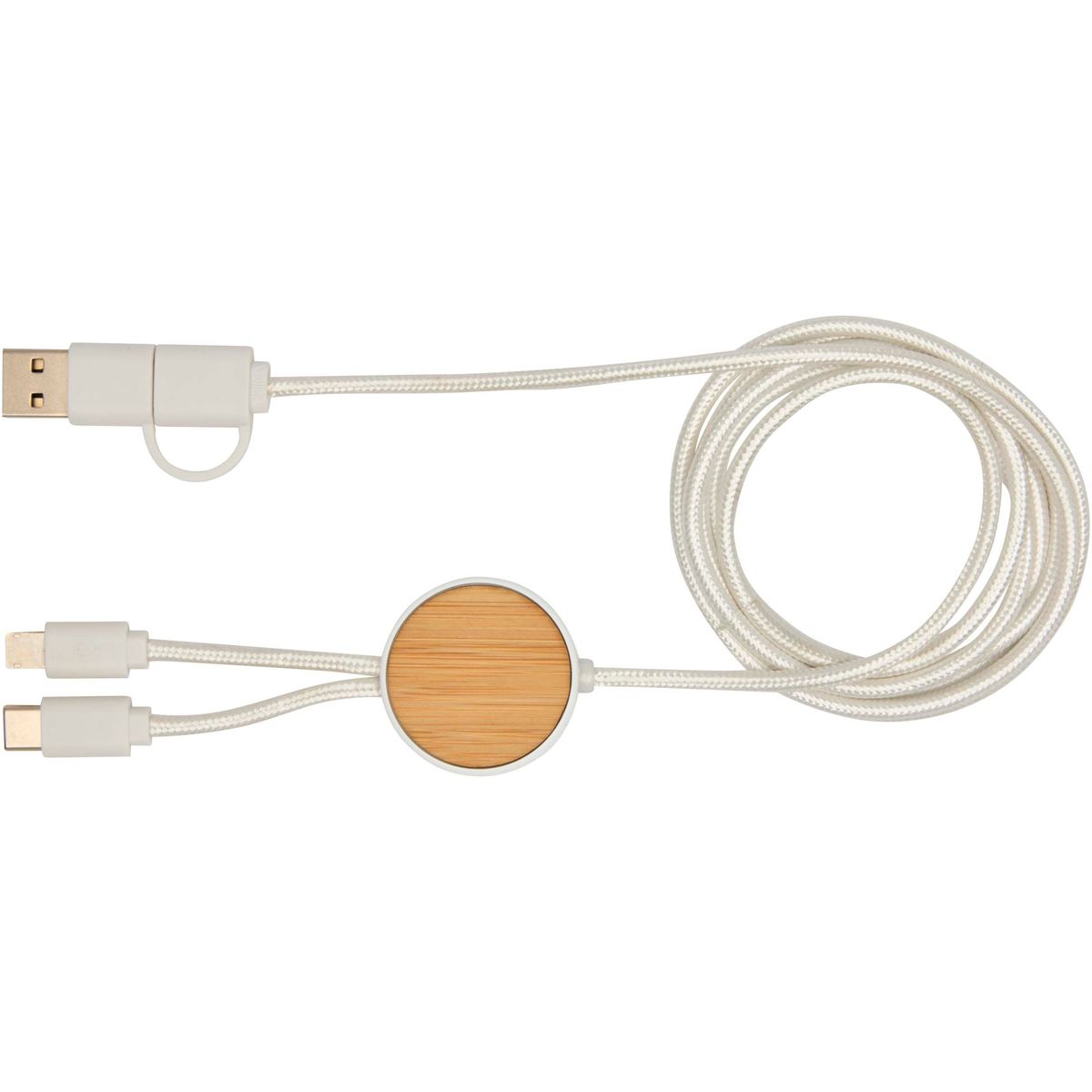 Cables de carga rápida 5 en 1 reciclados de 150 cm, 27 W, con detalles de bambú