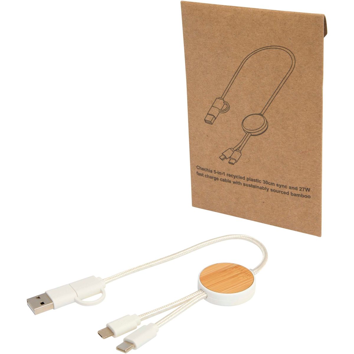 Cables de carga rápida 5 en 1 reciclados de 30 cm, 27 W, con detalles de bambú
