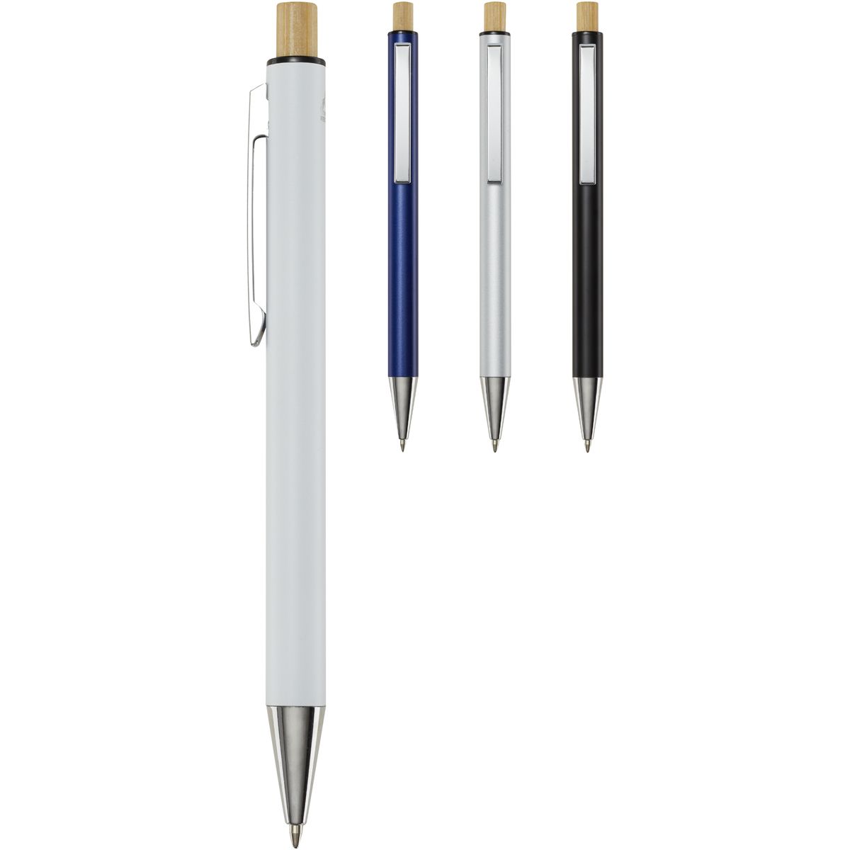 Bolígrafos de aluminio reciclado con pulsador de bambú, tinta azul, Cyrus