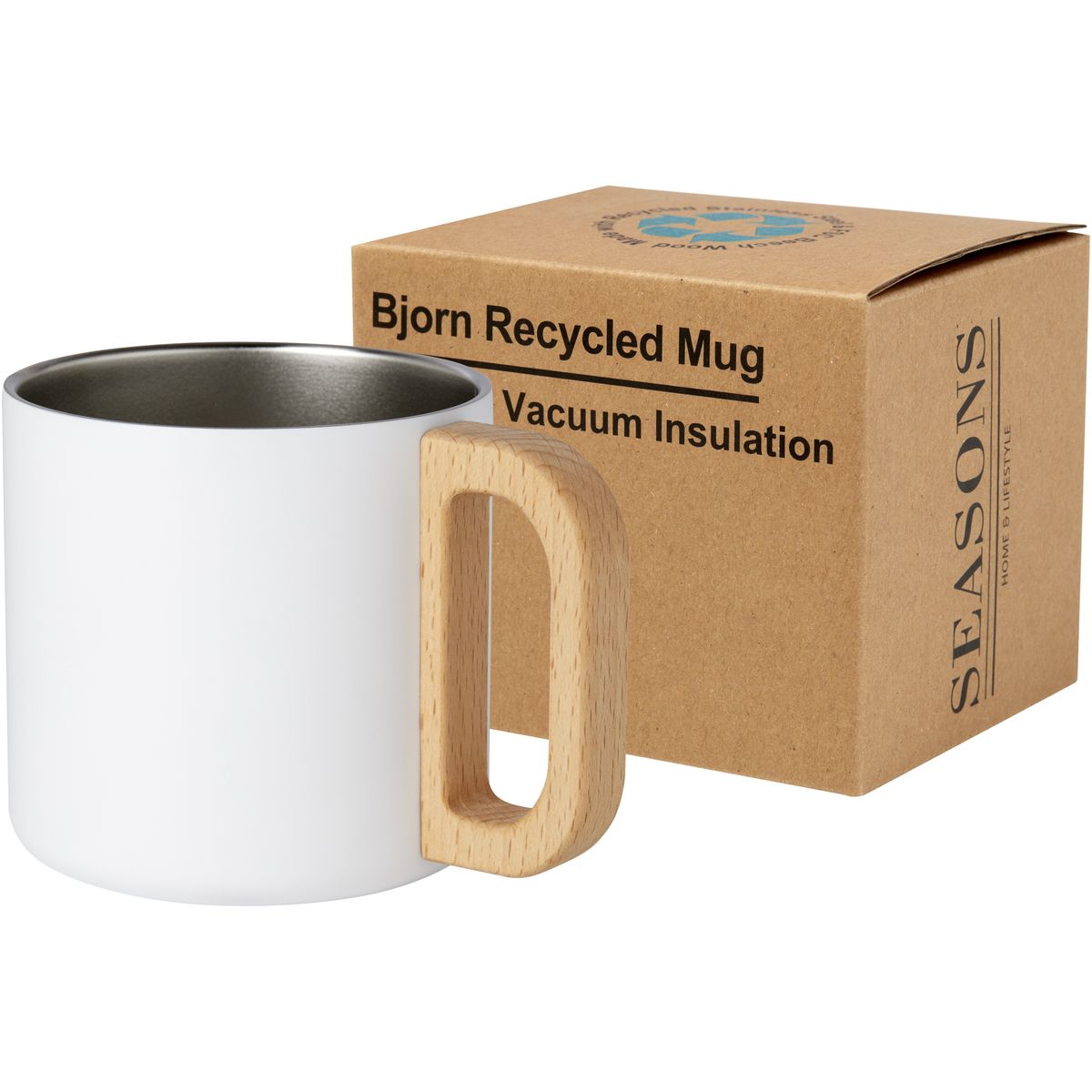Tazas térmicas de acero inoxidable reciclado con asa de madera de haya, 360 ml
