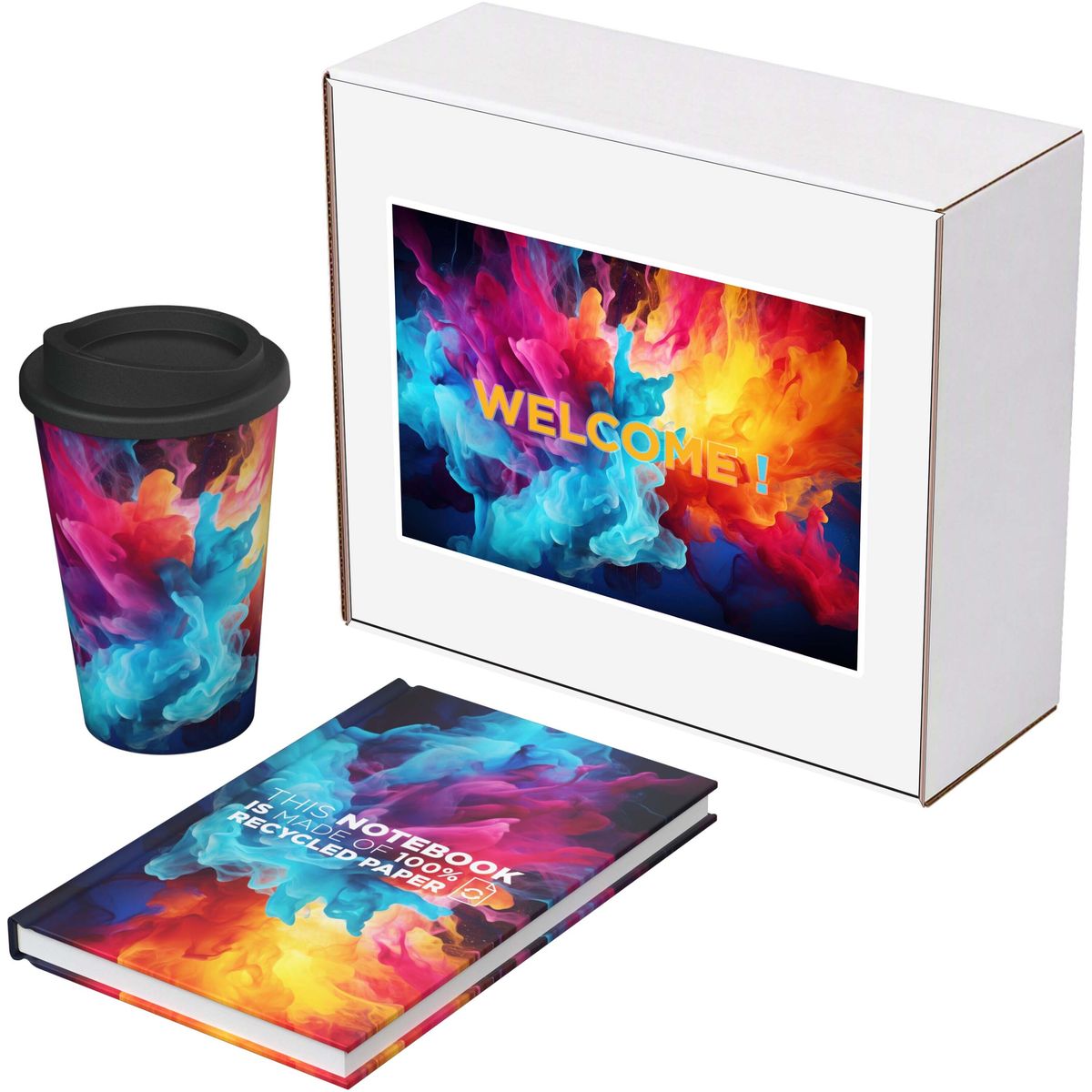 Sets de regalo reciclados con vaso y cuaderno A5 de tapa dura
