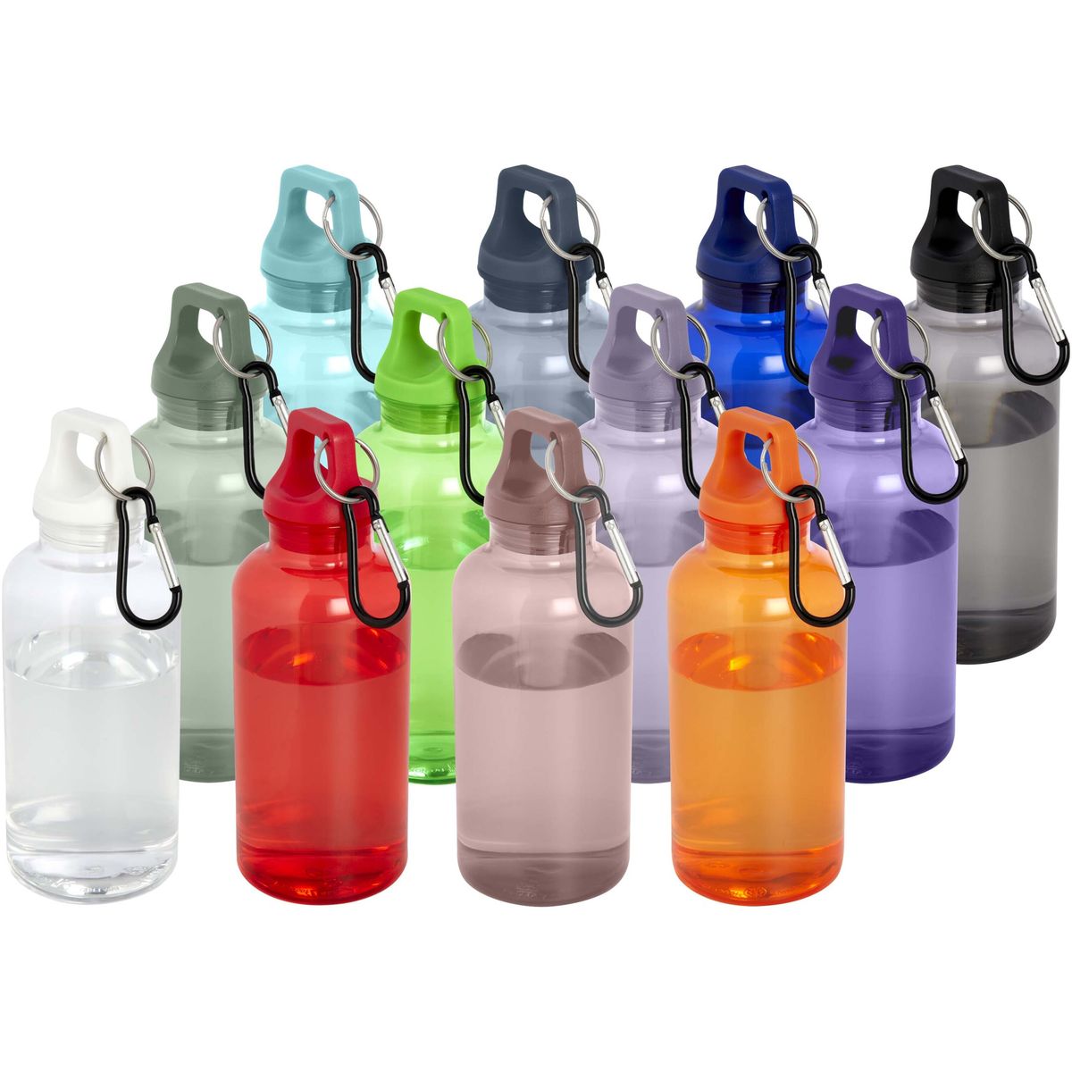 Botellas de agua de PET reciclado de 400 ml con mosquetón