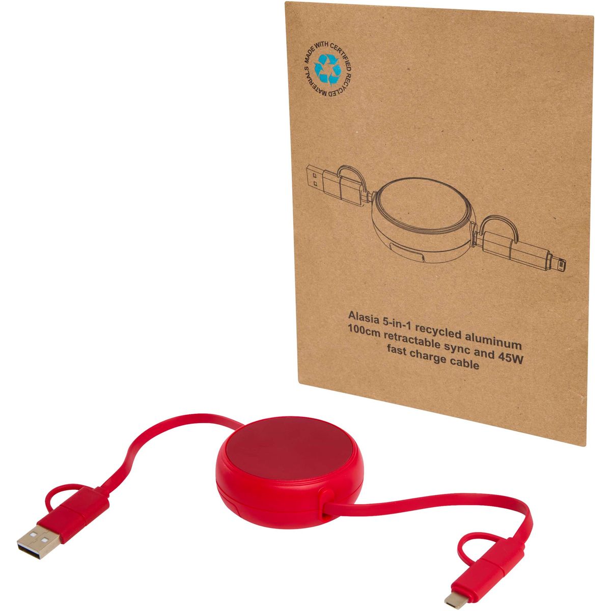Cables de carga rápida retráctiles 5 en 1 de 100 cm, 45 W, con detalle de aluminio