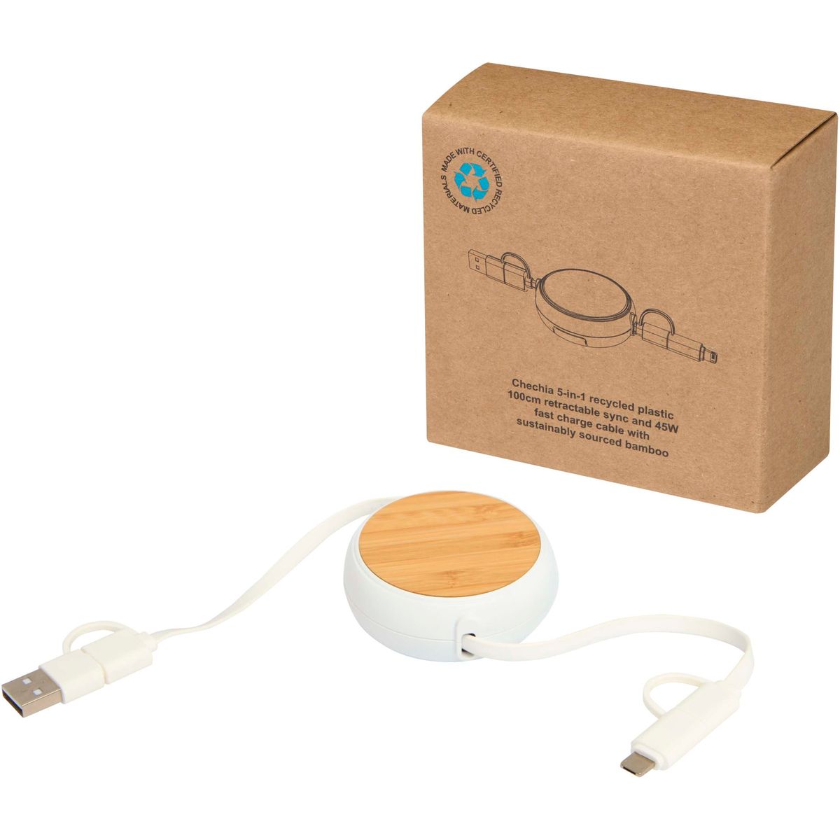 Cables de carga rápida 5 en 1 retráctiles de 100 cm, 45 W, con detalles de bambú