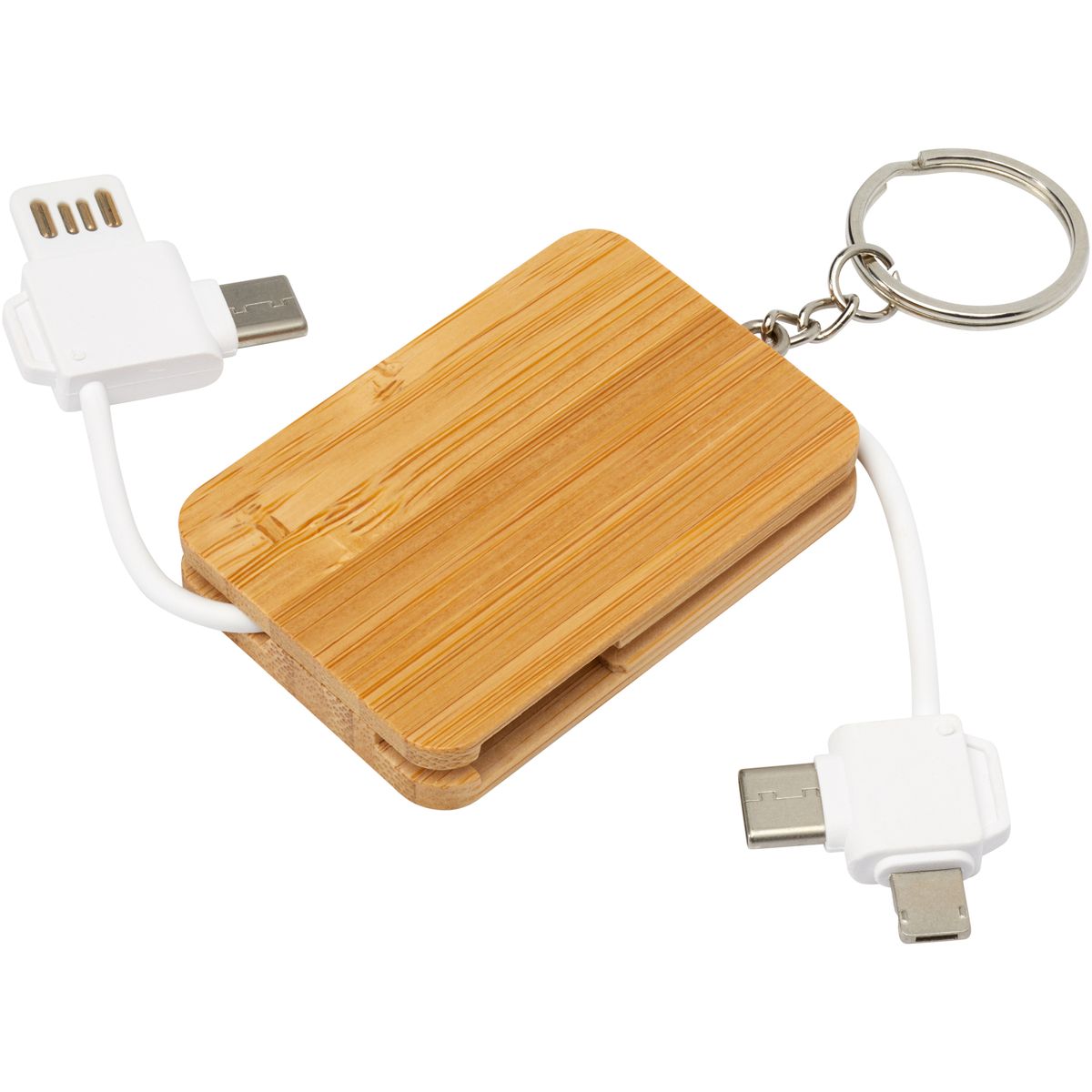 Cables de carga 6 en 1 retráctiles con carcasa de bambú y llavero