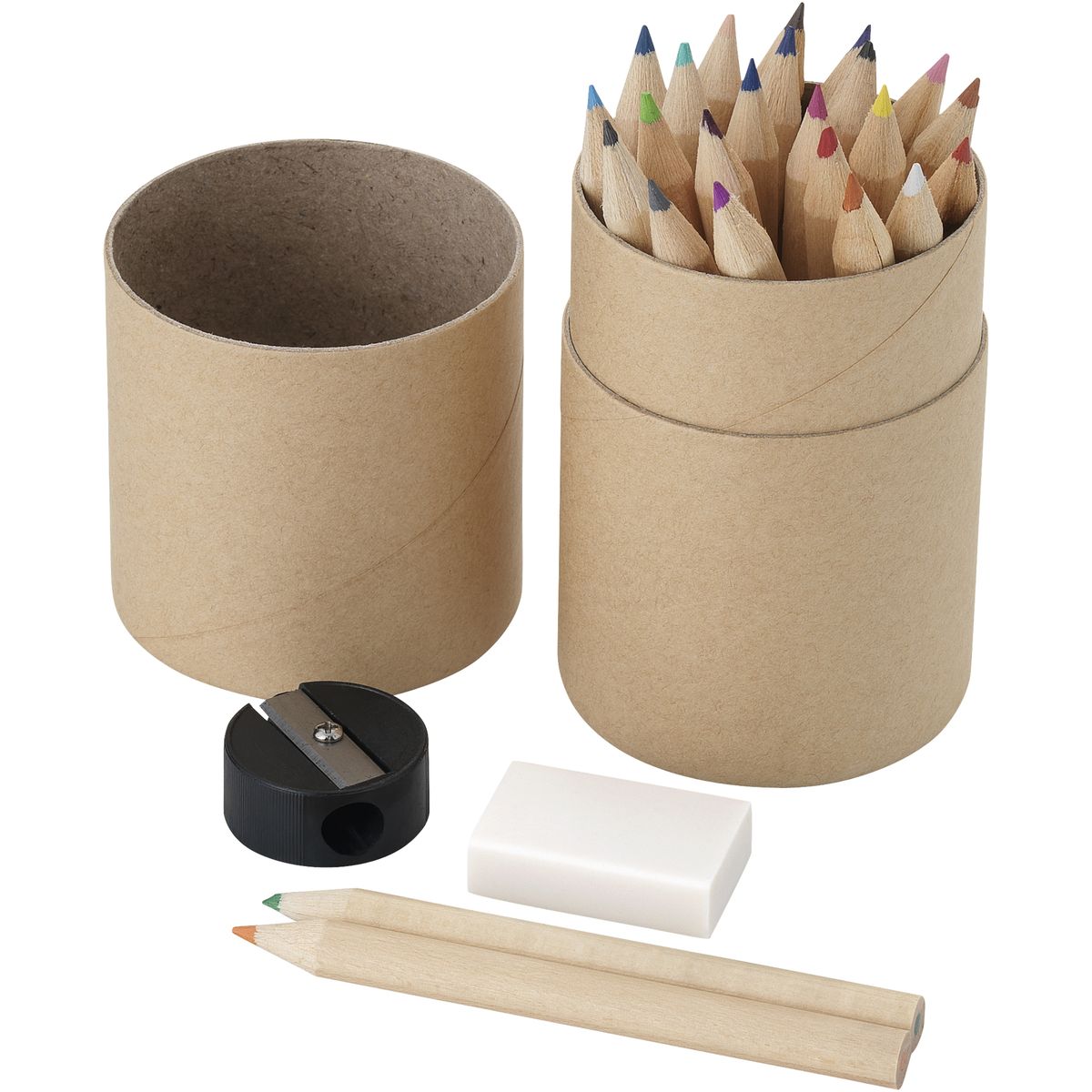 Sets de lápices de colores con goma y sacapuntas en tubo de cartón