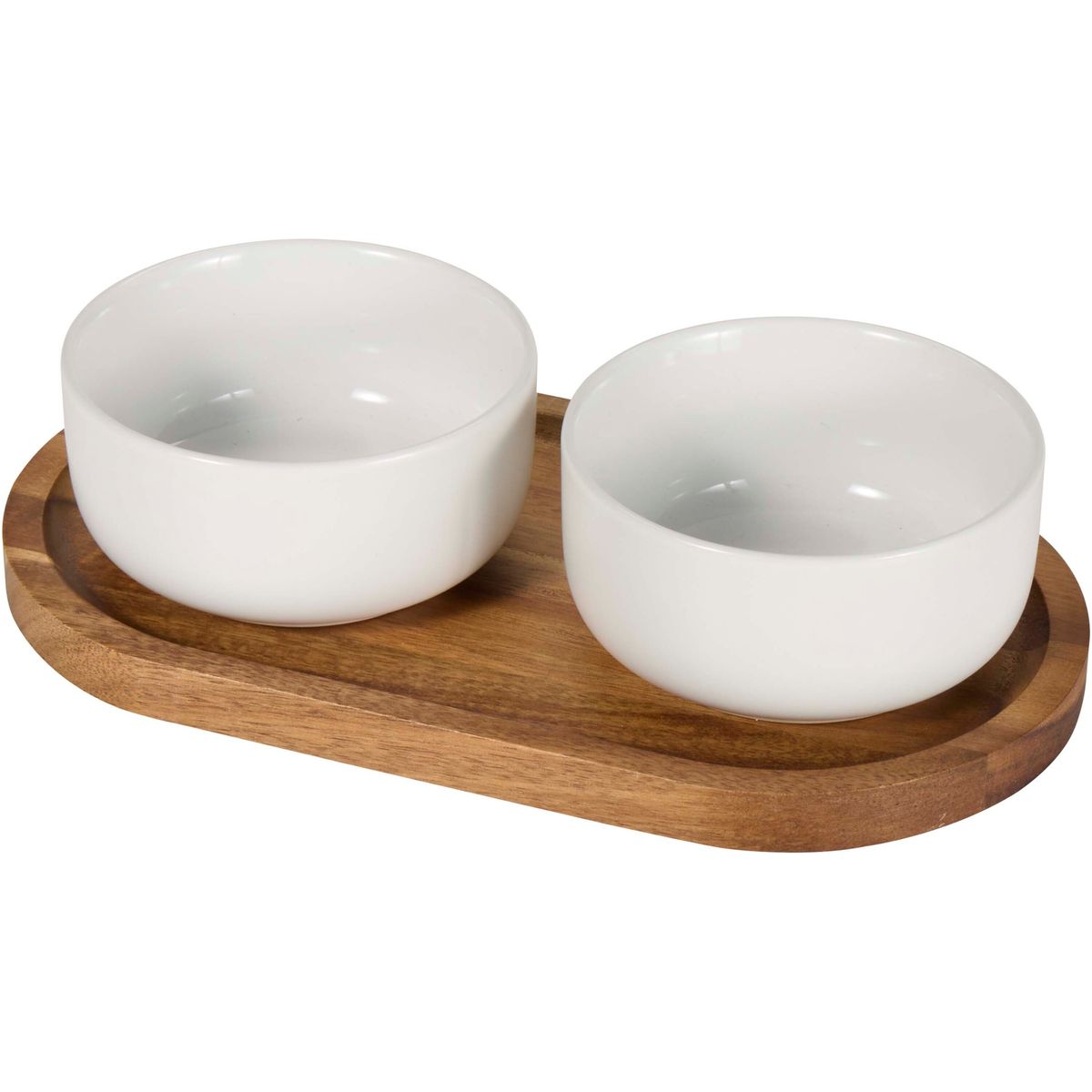 Sets de 2 cuencos de cerámica de 210 ml con bandeja de madera de acacia
